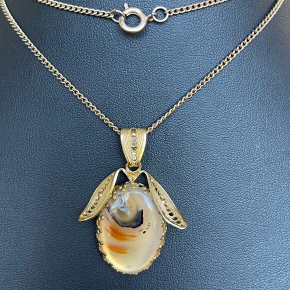 Vintage Montana Agate Pendant Necklace Gold Tone Filigree OOAK Unusual 24”L - Picture 4 of 8